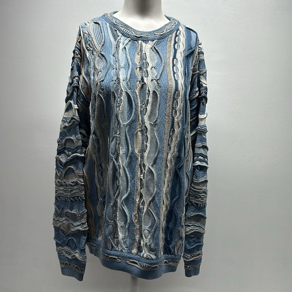 Men's Textured Blue and Cream Cardigan Sweater